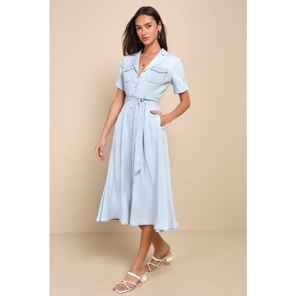 NWT Lulus Pleasant Cutie Blue Chambray Collared Midi Dress With Pockets Size L - Picture 1 of 9